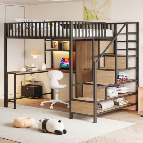 Cama alta con escritorio armario de metal negro moderno OKMYHOME (1/5)