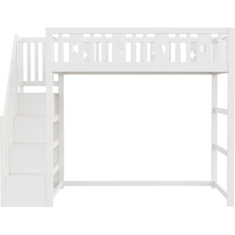 Lit mezzanine enfant 90 x 200 avec escalier, bois, blanc, motifs étoiles et lune (1/5)