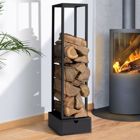 Leñero vertical de acero negro H. 125 cm con cajón