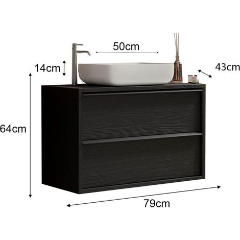 Meuble de salle de bain suspendu FRASSI – Évier inclus, 2 tiroirs – 79 cm – Coloris noir cendré (1/2)