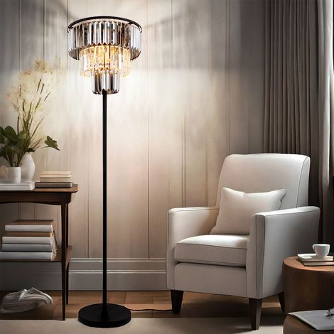 Lampadaire LED Cristaux de verre Lampe de salon à 3 flammes, métal noir mat, cristaux fumés clairs, 3x 7W 806lm blanc chaud, DxH 40x180 cm (1/5)