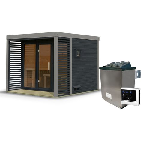 Sauna Extérieur Ares Karibu 6-8 Places Epicéa 7,62m² Poêle 9kW Terrasse (1/5)