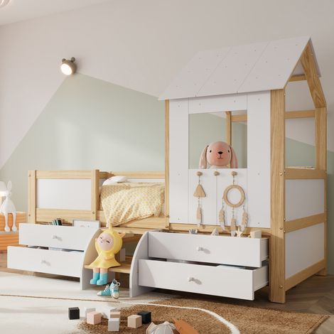 CHICFURN Letto a casetta per bambini 90x200 cm bianco e naturale con 4 cassetti (1/5)