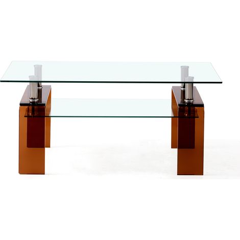 Tavolino 100x55x45 cm in vetro temperato trasparente e metallo, doppio ripiano marrone - CHICFURN (1/5)