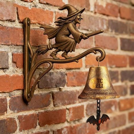 Bardusch - Cloche porte vintage fonte Halloween – sorcière murale avec balai, décoration extérieure (1/4)