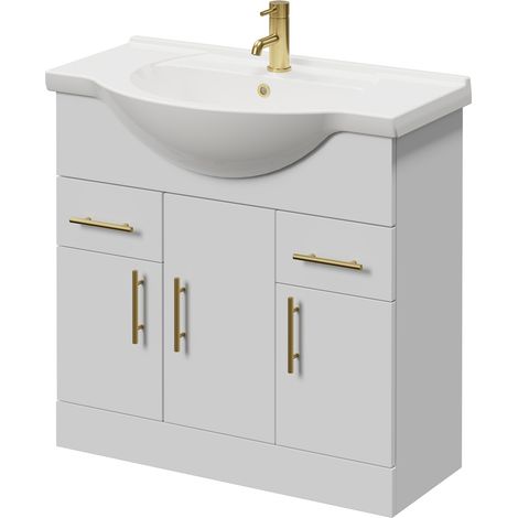 Alexander James Gloss White 850mm 3 Door Vanity Unit - 850mm - Brushed Brass 96mm Knurled Bar Handle