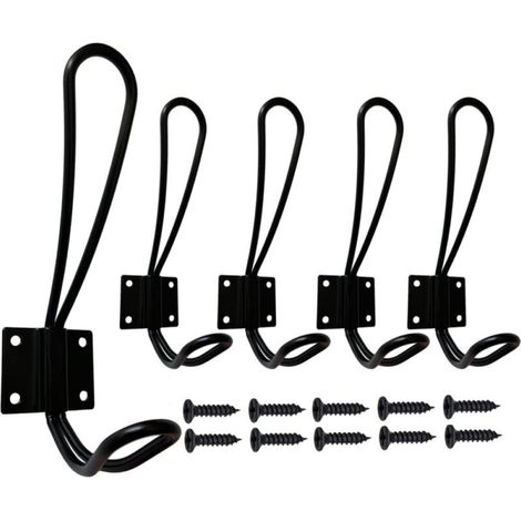 Lot de 5 patères murales, crochets en métal noir robustes de style rétro avec vis, pour salle de bain, entrée, cuisine ou meubles. (1/3)