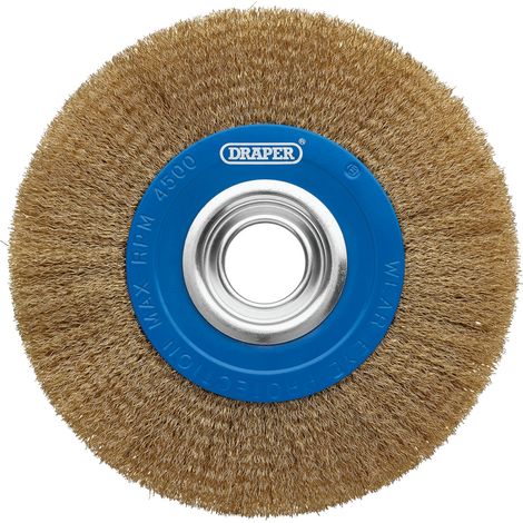 Draper 200mm Brassed Steel Bench Grinder Wire Wheel Brush - Heavy-Duty Wire Wheel for Metal Grinding and Surface Finishing