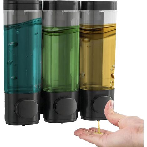 Ensemble de distributeur de savon mural en trois parties, sans perçage, adapté au shampoing, au gel douche, au savon liquide et à l'après-shampoing, noir