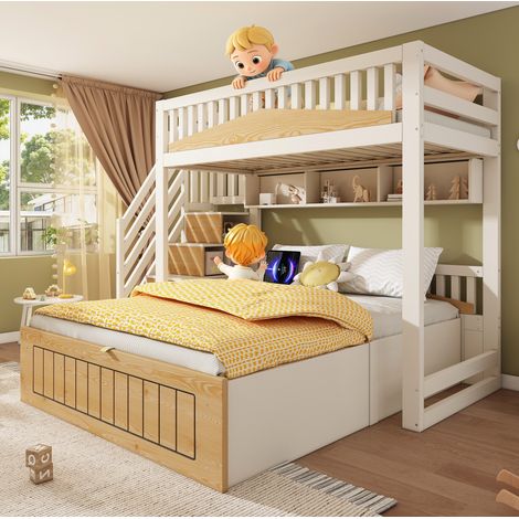 Letto a castello 90x200 cm e 140x200 cm con vano portaoggetti idraulico, scala contenitore, rete a doghe, porte USB e USB-C, in legno e metallo bianco e naturale, materasso non incluso (1/5)