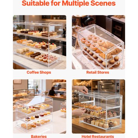 VEVOR Bakery Display Case, 3-Tier Commercial Countertop Pastry Display Case, Clear Acrylic Bread Box for Kitchen, Party Cake Cabinet with Flip-Up Door for Cookie Dessert Donut Bagel, 19" x 9.1" x 15" (1/4)