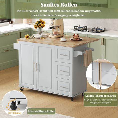 Grande table cuisine mobile 137xW43(76)xH92cm plan travail chêne pliant, 3 tiroirs et porte-serviettes pour maison