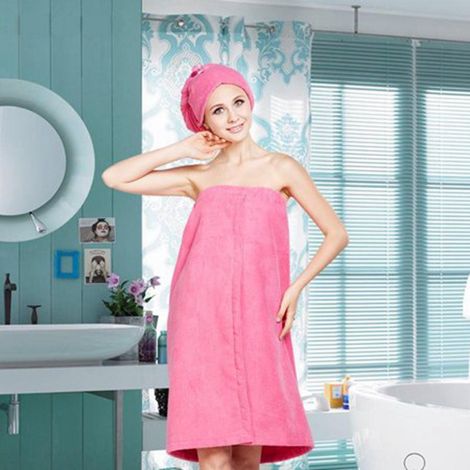 Ensemble de bain spa doux pour femme : peignoir, serviette et bonnet de séchage rapide inclus, rose rouge. (1/5)
