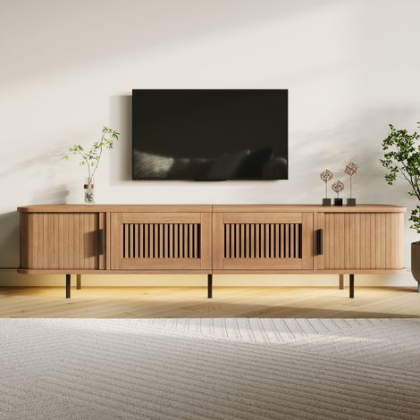 Mueble tv 180x40x44.5 cm para salón con puertas correderas y cajones iluminación led por app patas de metal estilo escandinavo - natural (1/5)