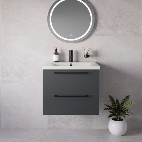 Napoli 460 Gloss Grey 600mm Wall Mounted 2 Drawer Vanity Unit with Glide Basin - 600mm - Matt Black 320mm Handle