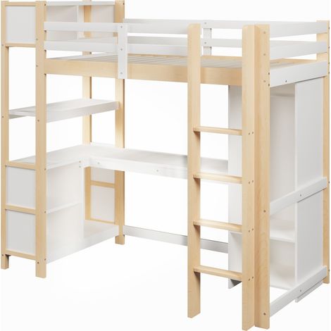 Lit mezzanine 90 x 200 cm avec bureau, étagères et armoire, pin, naturel (1/5)
