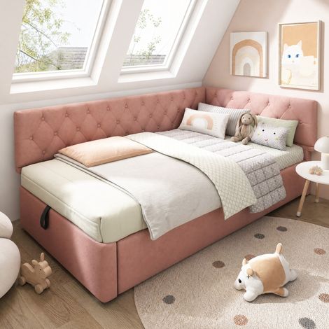 Divano letto L 196x100x77 cm, contenitore idraulico, testiera reversibile, velluto rosa (1/5)