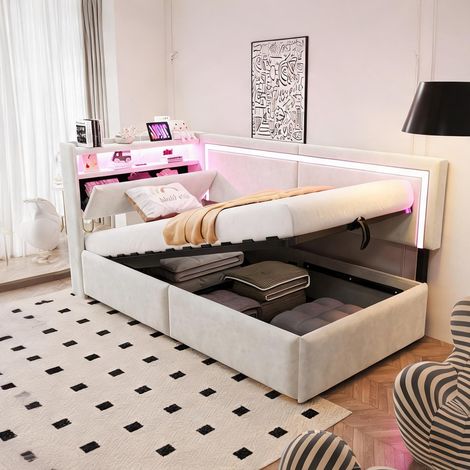 Cadre de lit beige en velours 218 x 99 x 87 cm (1/5)