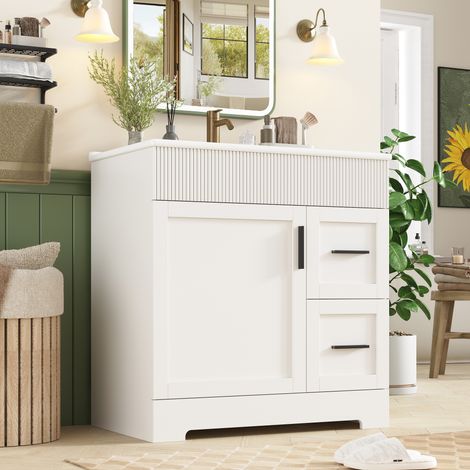Mueble de baño con lavabo moderno, cerámica y MDF blanco, 2 cajones, estante lateral y base curva 81,5 cm