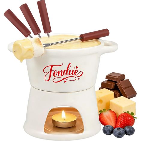 300ml Appareil à Fondue au Fromage à Bougie pour 1-2 Personnes,Antiadhésif Caquelon à Fondue Savoyarde/Chocolat sans Fil avec 4Pcs Fourchettes,Convient au Micro-Ondes/Lave-Vaisselle,Blanc (1/5)