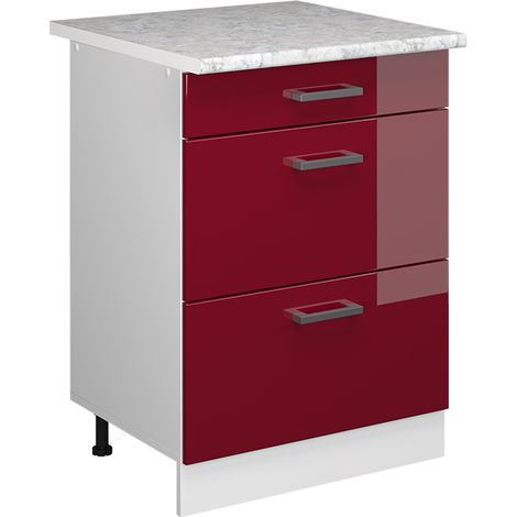 Unterschrank R-Line, Bordeaux Hochglanz, 60 cm mit Schubladen, Vicco