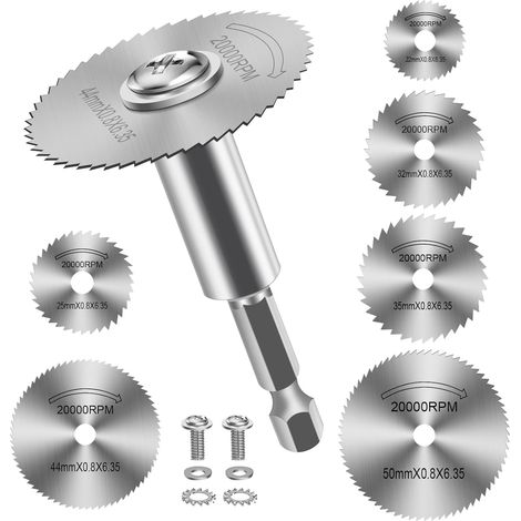 7 Pièces Disques de Coupe pour Perceuse, HSS Lames de Perceuse à Disque avec (60mm) tige Hexagonale 1/4", Mini Lames de Scie Circulaire pour Bois, Plastique et Métal (1/5)