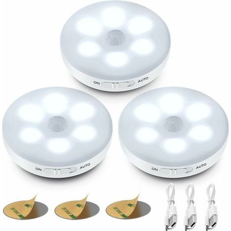Veilleuse LED Automatique, Lampe Detecteur de Mouvement Interieur, Lumiere Autocollante USB Pile Rechargeable, LED Sans Fil (Blanc) (1/4)