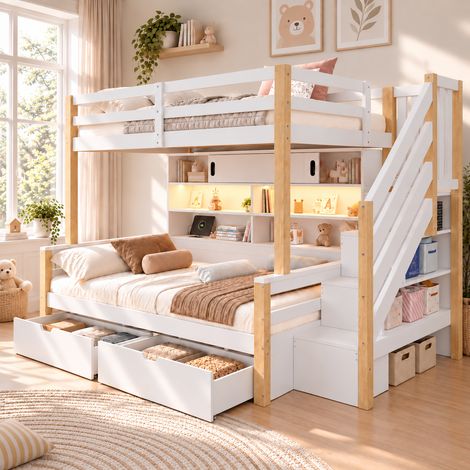 Lit superposé 90 x 200 cm avec escalier coffre, porte coulissante, éclairage LED et port USB, pour chambre enfant, pin, Blanc et Naturel (1/5)