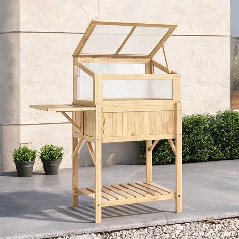 Coffre de jardin surélevé avec serre et table pliante en bois (1/5)