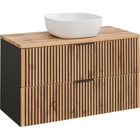 Meuble sous vasque à suspendre XILO NOIR CHÊNE 100 cm avec le plan CHÊNE et avec sa vasque VERA - style industriel (1/5)