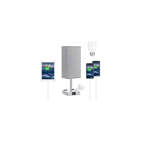(Ampoule Incluse) Lampe de Chevet Tactile avec Ports de Charge USB C+A, Intensité Variable à 3 Voies, Abat jour en Tissu Gris Base de Métal, Lampe de Table pour Chambre Salon