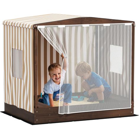 Bac à Sable avec Porte en Filet - 142 x 101,5 cm - en Bois - avec Banc, Espace de Rangement, Protection du Sol - pour 4 Enfants de 3 à 6 Ans - Marron (1/5)