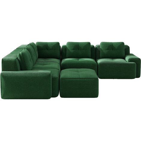 Sofá modular sin respaldo para salón en tejido de pana verde con otomana, sin montaje (1/5)