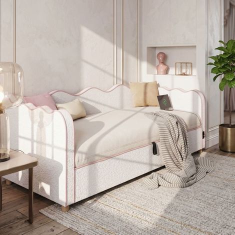 Canapé-Lit 90x200 cm Bouclé Beige avec Coffre - Canapé Droit - Ports USB, Design Nuage, Bords Arrondis, Super Confortable, Classique