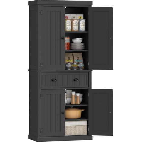 Hohes Küchen-Sideboard, Küchenschrank mit 4 Türen, Schublade und verstellbaren Einlegeböden, 76,2 x 40,2 x 183 cm, schwarz