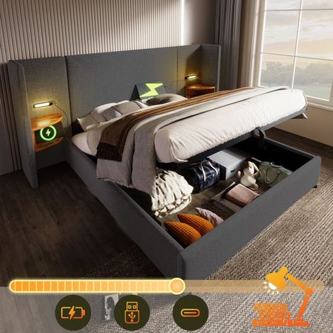 Lit coffre rembourré 180x200 cm gris – tête multifonction, lampe lecture & USB-C, sommier à lattes (sans matelas) (1/5)