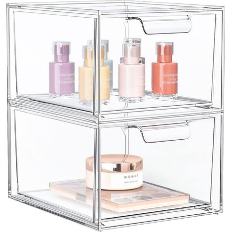 Caja de almacenamiento con cajones de 2 piezas – Caja de almacenamiento con cajones – Caja de almacenamiento de acrílico transparente apilable – Organizador de maquillaje para baño, tocador, cómoda y  (1/4)