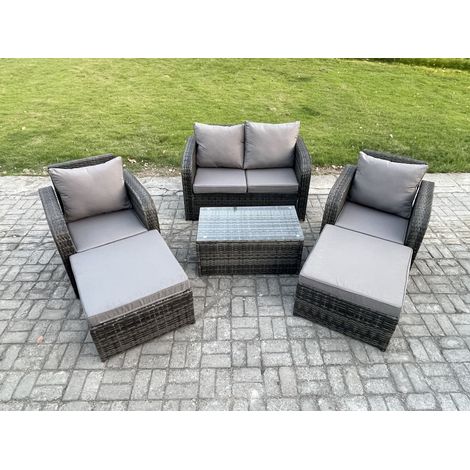 Fimous 6 places Ensemble de meubles de jardin Canapés de terrasse Fauteuil avec Table en verre trempé 2 Grand tabourets Gris foncé mixte (1/5)