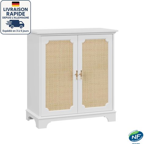 Credenza con 2 ante in rattan - bohemien chic - 80 x 38 x 86 cm - Ripiani regolabili - MDF - Legno certificato PEFC - Bianco
