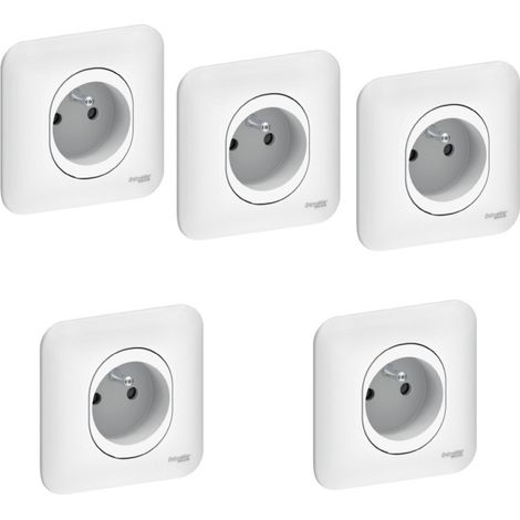 Schneider Electric – Pack de 5 prises 2P+T 16A encastré blanche – Connexion auto complète – Plaque de fixation avec vis et griffes – Pour installation électrique