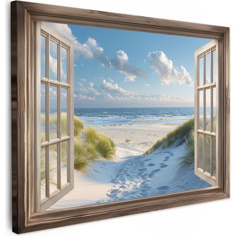 TABLEAU SUR TOILE Vue - Plage - Fenêtre - Dunes - Mer Tableau Décoration Murale Salon Tableaux muraux 80x60 cm