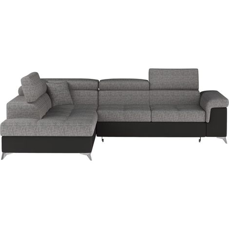 Canapé d'angle convertible Bi matière MARIDO - Coffre et appuis-tête réglables-Noir/Gris chiné-angle gauche (1/5)