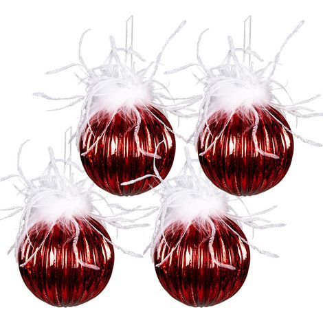 Lot de 4 Boules de Noël en Verre Rouge et Blanc avec Plumes Décoration de Sapin 10 cm - PANGIVO (1/3)
