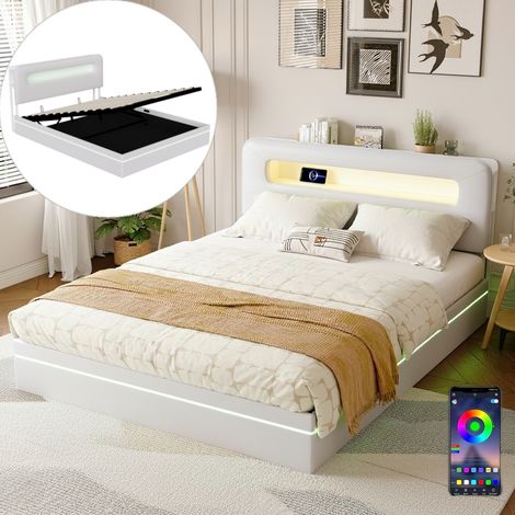 Stauraumbett 160x200 cm Samt, Polsterbett mit LED und Hydraulik, Bett mit Kopfteil-Stauraum, Holzlattenrost, Beige