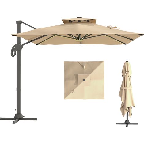 Parasol carré déporté LED 3x3x2,66 m double toile rotation 360° base acier beige, éclairage jardin terrasse (1/5)