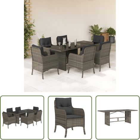 The Living Store 7-tlg. Garten-Essgruppe mit Kissen Grau Poly Rattan - Gartenmöbel - Essgruppe - Outdoor-Möbel - Terrassenmöbel - Rattanmöbel (1/5)