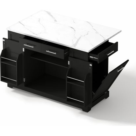 Isla de cocina negra con encimera efecto mármol, tablero abatible y ruedas silenciosas, 138 cm (1/5)