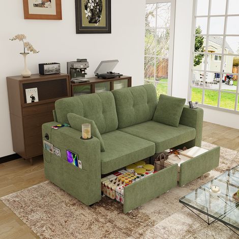 Canapé 2 places 172x75x82 cm olive en chenille avec rangement, ports USB et porte-gobelets (1/5)