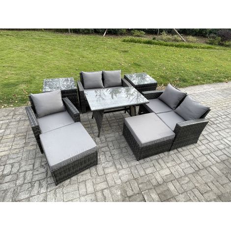 Fimous Garden Dining Set Wicker PE Rattan Outdoor Furniture Sofa with Rectangular Dining Table Double Seat Sofa 2 Side Tables 2 Big Footstool Dark Grey Mixed (1/5)