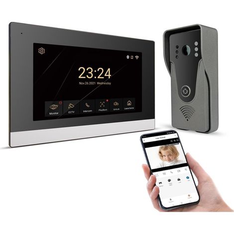 Système d'interphone vidéo Tuya Smart Home 7 Pouces écran Tactile Porte d'accès téléphone avec 1080P 110 ° caméra de Sonnette Filaire(H-R6-P356B-M503BA) (1/4)